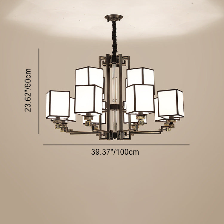 伝統的な中国製鉄製ファブリック立方体長方形3/6/8/10/12灯シャンデリア(リビングルーム用)