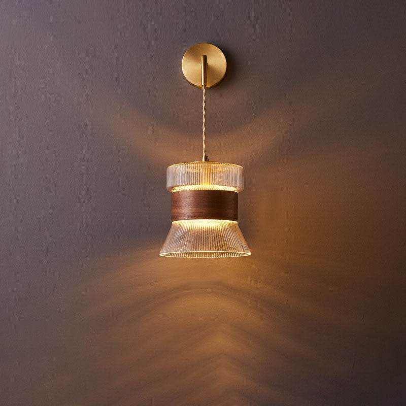 Japanese Walnut Glass Copper Cylinder 1-Light Wall Sconce Lamp