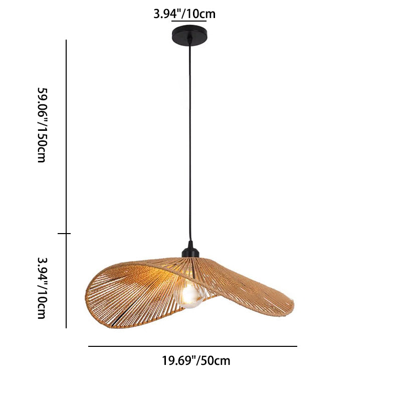 Traditional Vintage Wood Paper Rope Weaving Straw Hat Shape 1-Light Pendant Light For Living Room