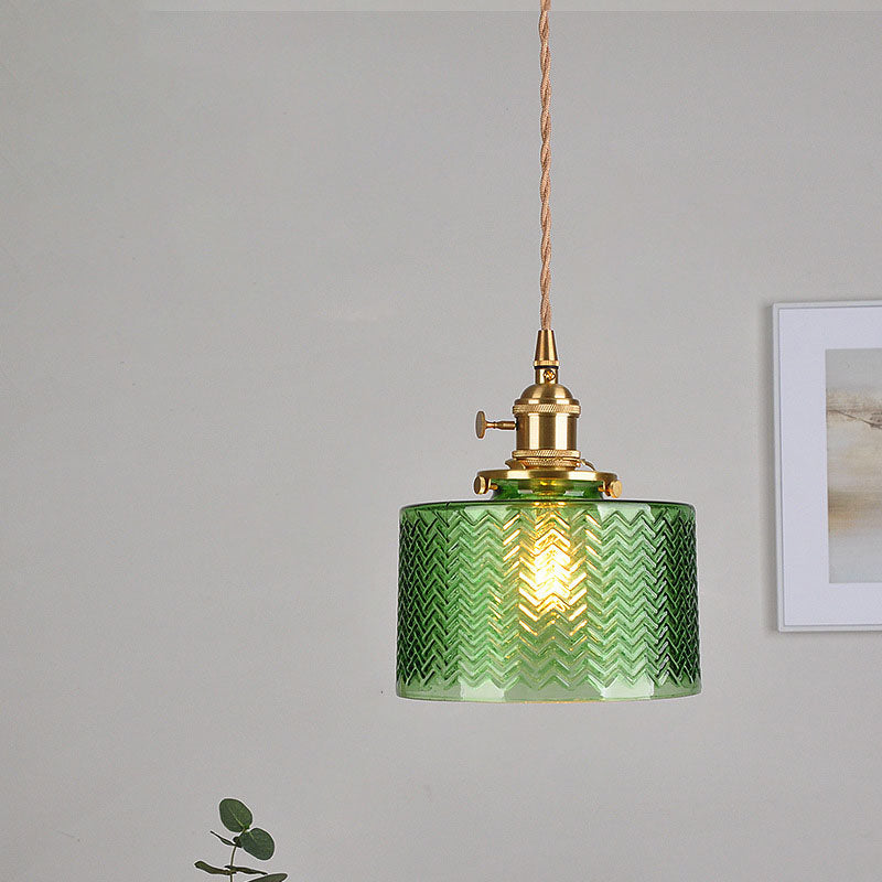 Traditional Vintage Antique Brass Ribbed Glass Cylinder Shade 1-Light Pendant Light For Living Room