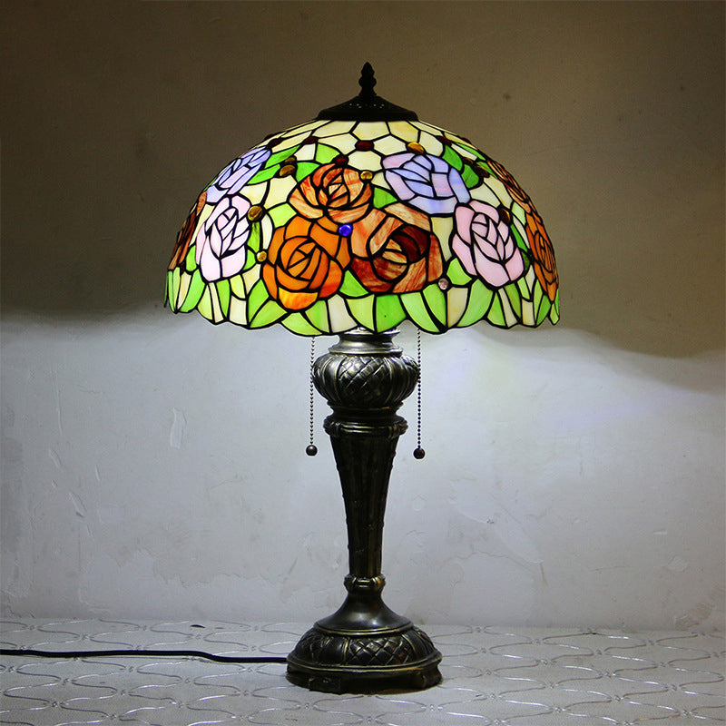 Traditional Tiffany Resin Glass Dome Hemispheric Flower 2-Light Table Lamp For Bedside