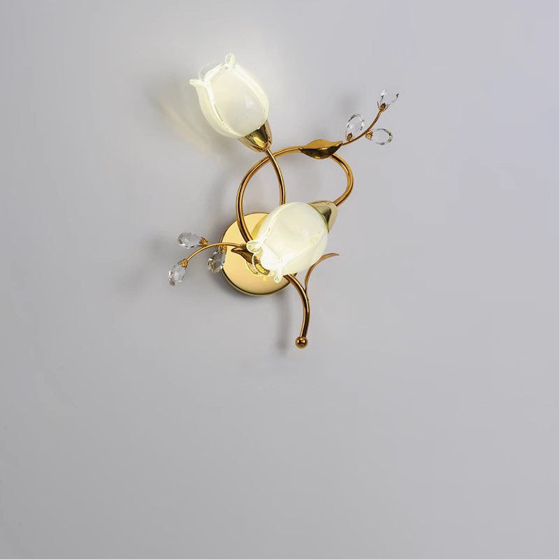 Modern Art Deco Flower Hardware Glass Crystal 2-Light Wall Sconce Lamp For Living Room