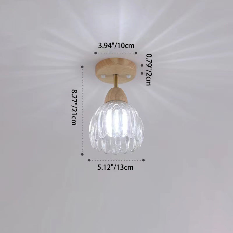 Traditional Japanese Rubber Wood Glass Flower 1-Light Semi-Flush Mount Ceiling Light For Hallway