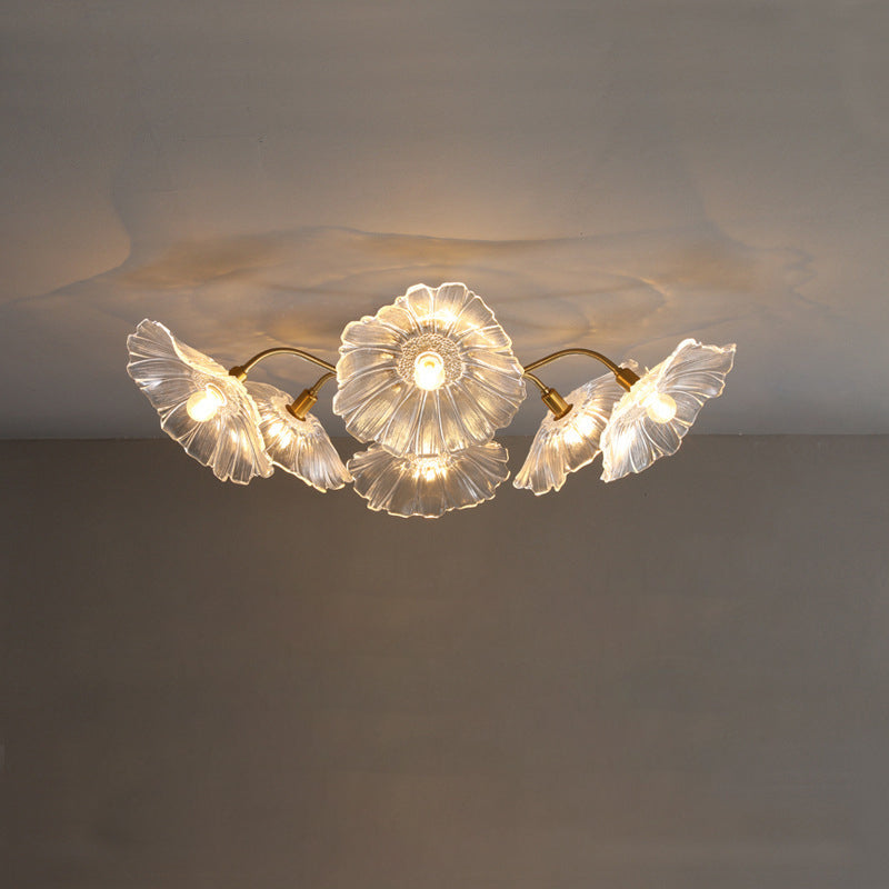 Traditional Vintage Gold Finish Frame Flower Glass Shade 6-Light Semi-Flush Mount Ceiling Light For Bedroom