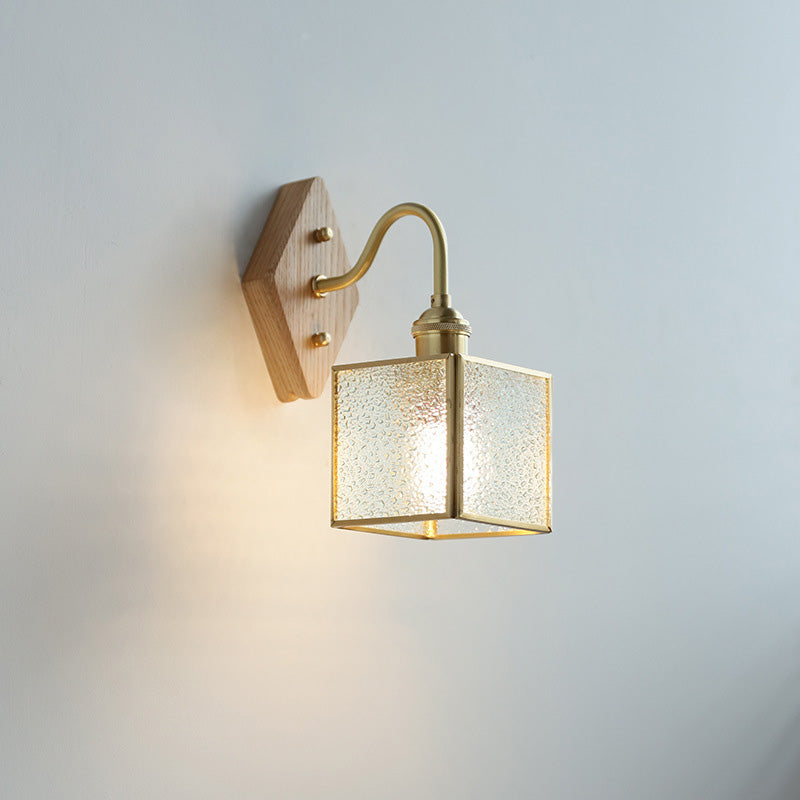 Traditional Vintage Square Copper Glass Wood 1-Light Wall Sconce Lamp For Bedroom