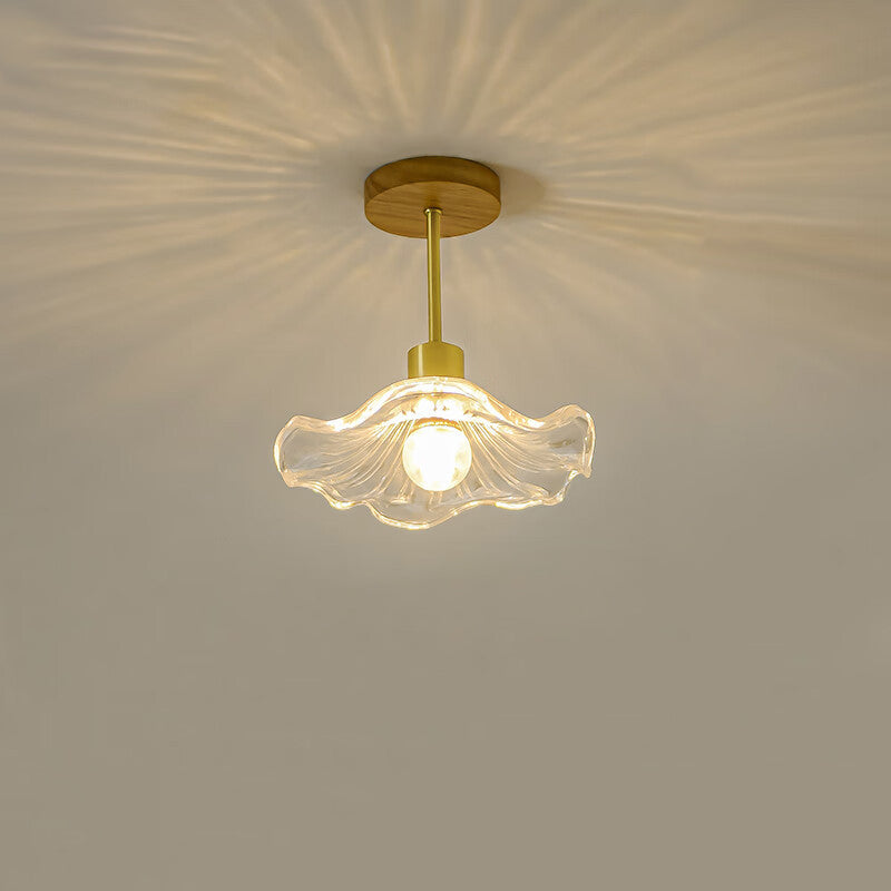 Contemporary Luxury Flower Copper Glass 1-Light Semi-Flush Mount Ceiling Light For Hallway