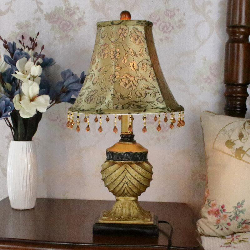 Traditional European Orb Stripe Carved Base Resin Fabric 1-Light Table Lamp For Bedroom