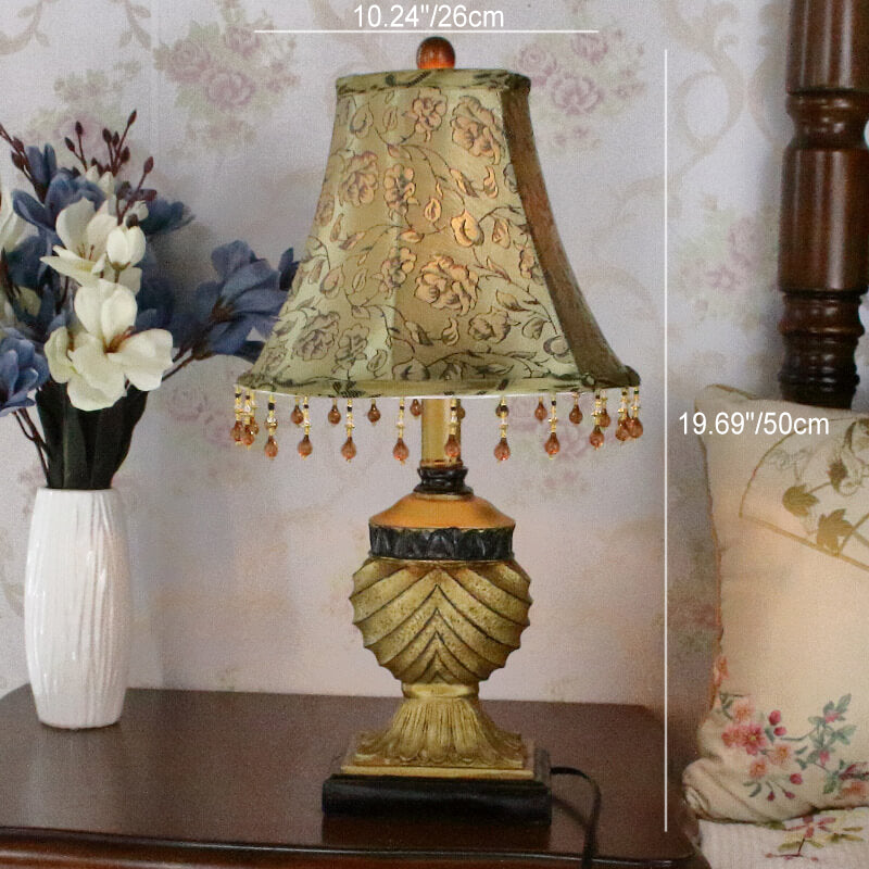 Traditional European Orb Stripe Carved Base Resin Fabric 1-Light Table Lamp For Bedroom