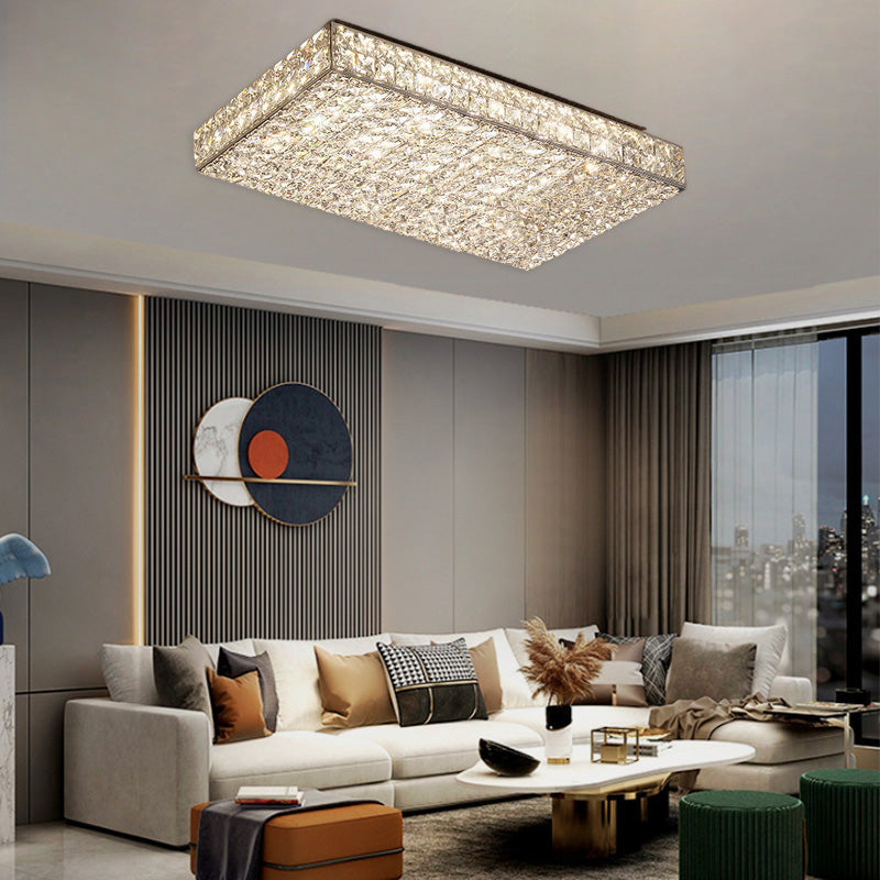 مصباح سقف LED دائري مستطيل الشكل من الكريستال من الفولاذ المقاوم للصدأ بتصميم عصري فاخر لغرفة المعيشة
