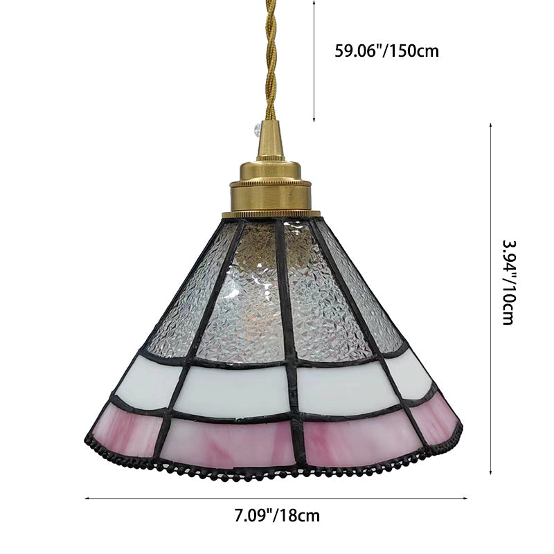 Traditional Vintage Brass Glass Cylinder Quadripartite Horn Lattice 1-Light Pendant Light For Dining Room