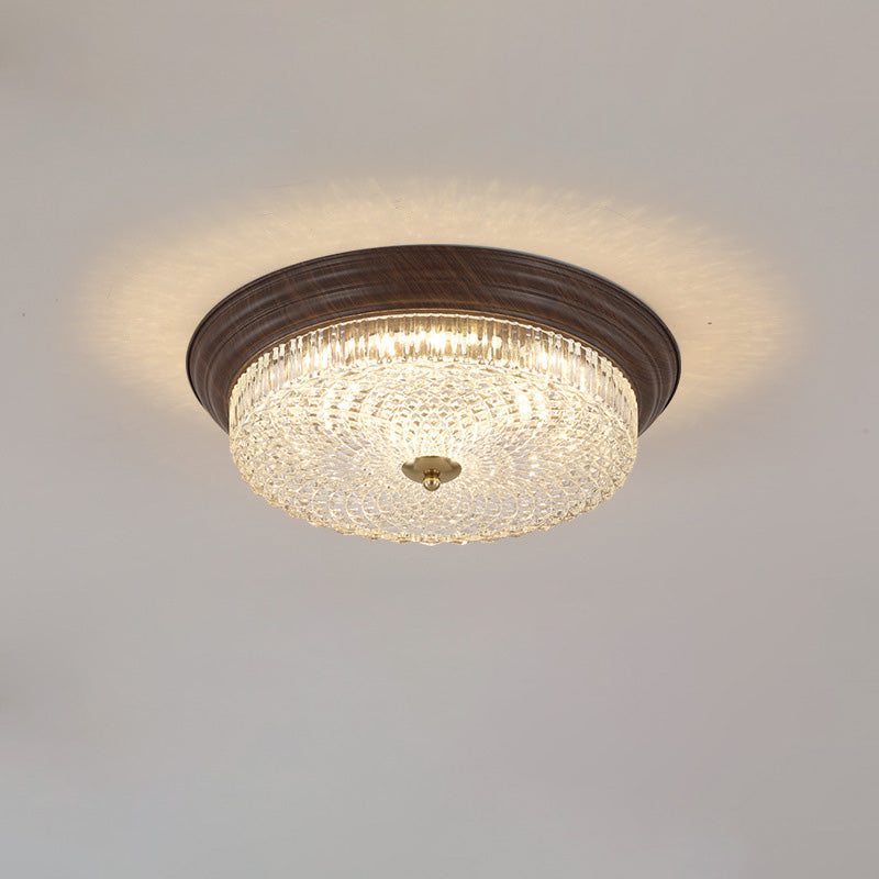 مصباح سقف LED تقليدي عتيق دائري من الكريستال والزجاج والحديد وحبيبات الخشب المنحوتة بالماء لغرفة المعيشة