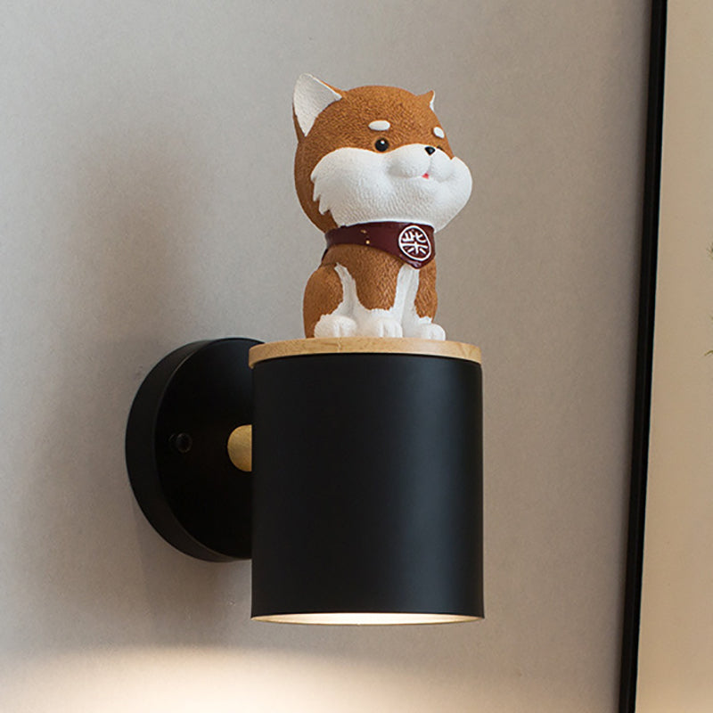 Contemporary Creative Resin Puppy Iron Cylinder Shade 1-Light Wall Sconce Lamp For Bedroom