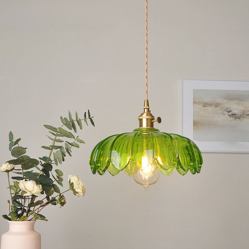 Modern Art Deco Sunflower Lotus Leaf Glass Shade Brass 1-Light Pendant Light For Living Room