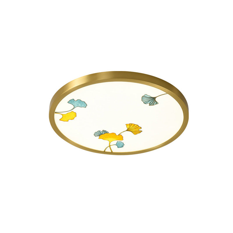 Traditional Chinese Copper Acrylic Round Lotus Bamboo Ginkgo Leaves LED Flush Mount Ceiling Light For Living Room