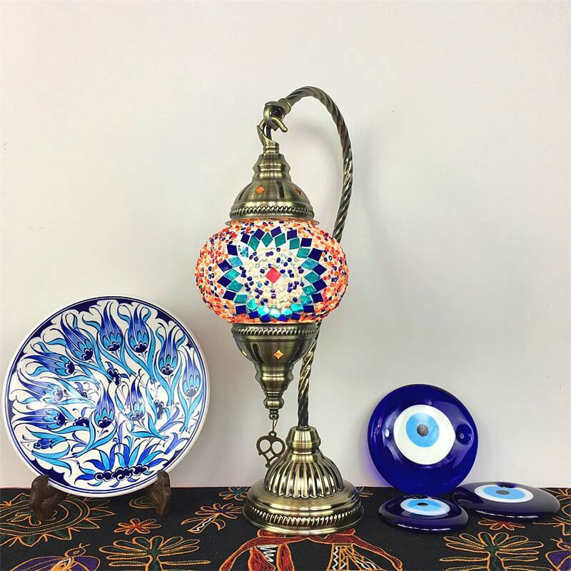 Moroccan Vintage Handmade Stained Glass Jar Swan 1-Light Table Lamp
