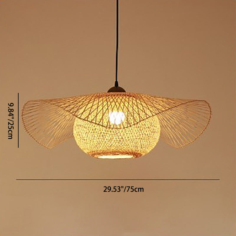 Traditional Chinese Iron Bamboo Weaving Hat Irregular Round Ball 1-Light Pendant Light For Dining Room