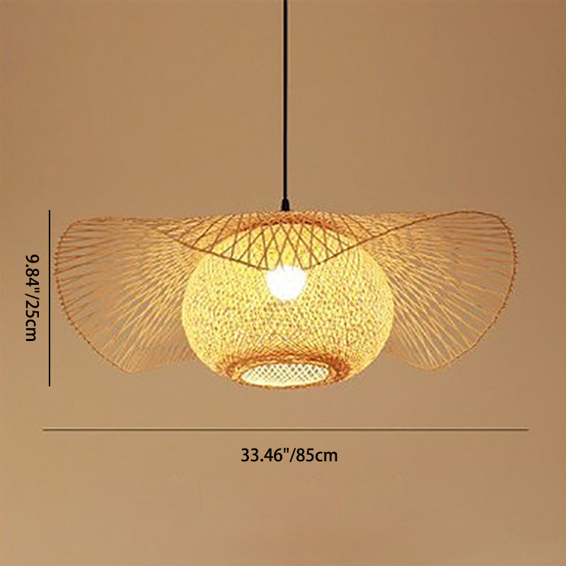 Traditional Chinese Iron Bamboo Weaving Hat Irregular Round Ball 1-Light Pendant Light For Dining Room