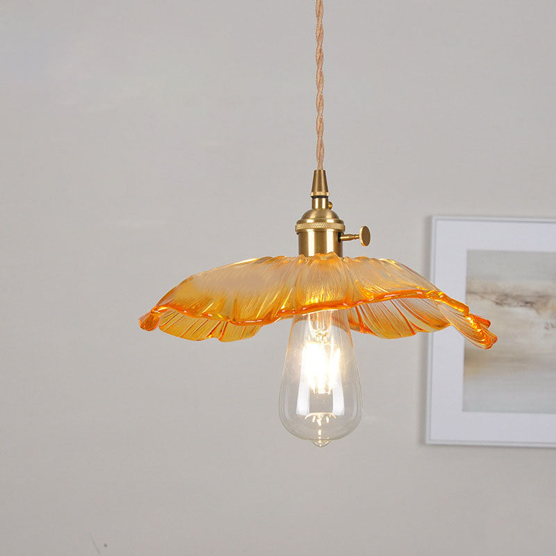 Modern Art Deco Sunflower Lotus Leaf Glass Shade Brass 1-Light Pendant Light For Living Room