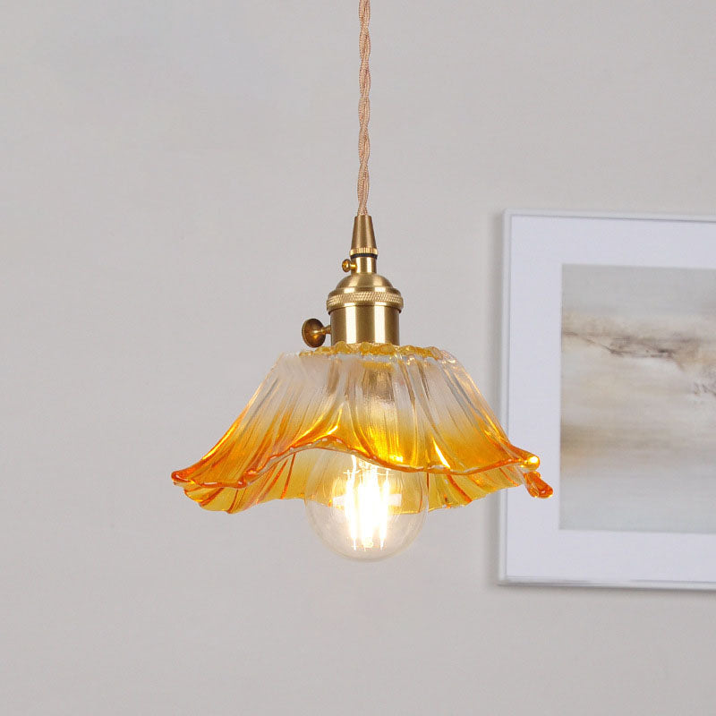 Modern Art Deco Sunflower Lotus Leaf Glass Shade Brass 1-Light Pendant Light For Living Room