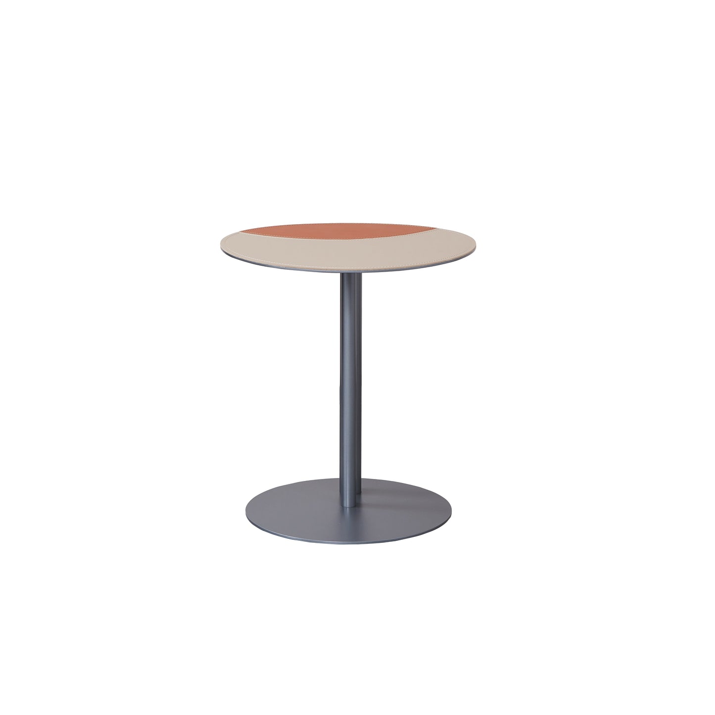 Round Two-Tone Saddle Leather End Table - Minimalist Compact Side Table With Metal Base For Living Room