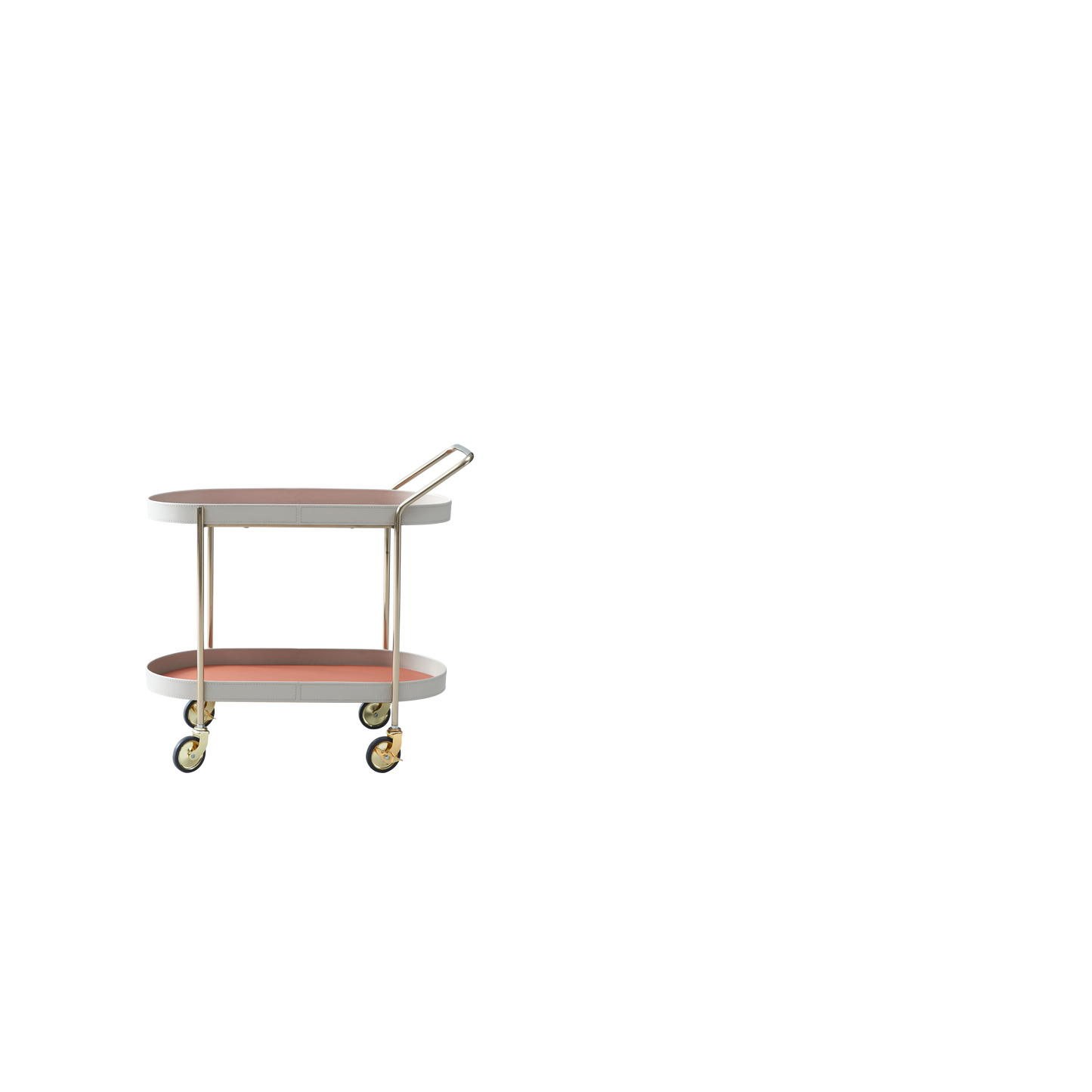 Mobile Oval Saddle Leather Side Table With Gold Stainless Steel Frame -Creative Rolling Dual Tier Drink Trolley For Dining Room