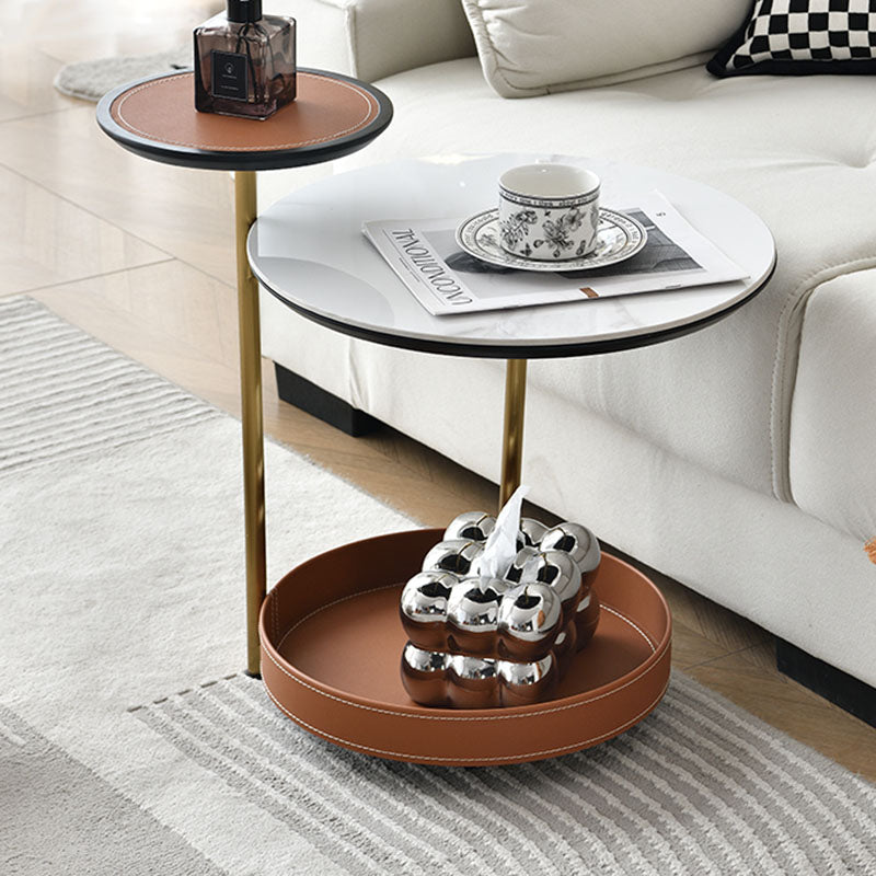 Two-Layer Round Rock Slab Ironwood Veneer Saddle Leather End Table - Creative Accent Side Table For Living Room