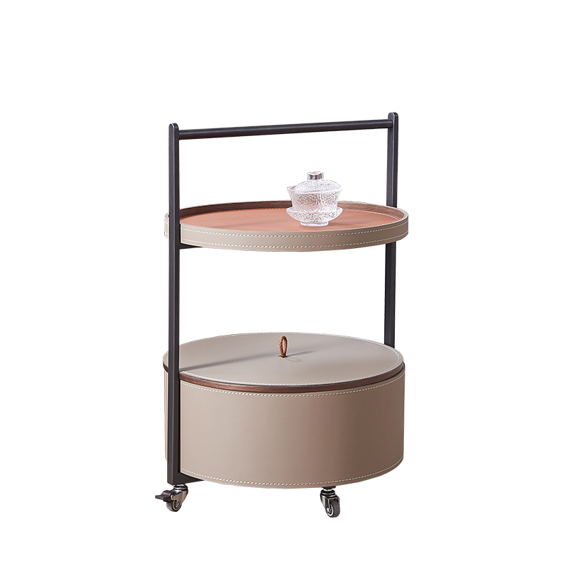 Smooth Casters Round Saddle Leather End Table - Creative 1-Tier Accent Trolley For Living Room