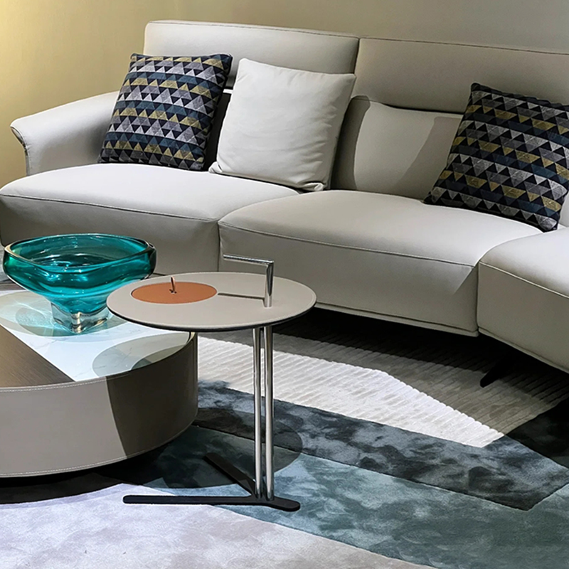 Round T-Base Saddle Leather End Table - Luxury Space-Saving C Side Table For Living Room