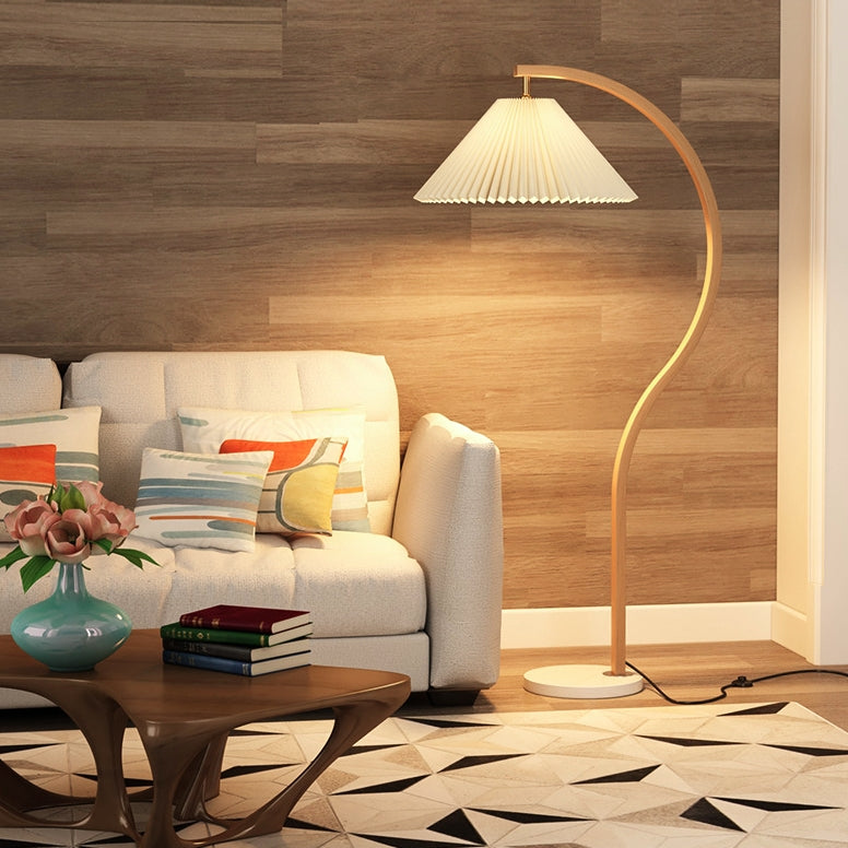 Japanese Minimalist Pleated Fabric Curved Iron 1-Light Standing Floor Lamp
