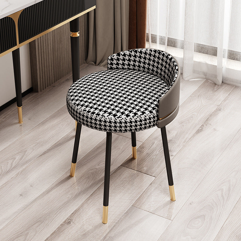 Contemporary Nordic Round Houndstooth Faux Leather Fabric Splicing Vanity Stool Low Back For Bedroom