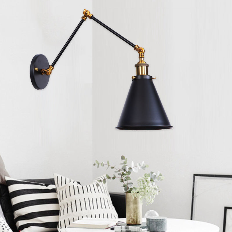 Industrial Vintage Iron Cone Swing Arm 1-Light Wall Sconce Lamp