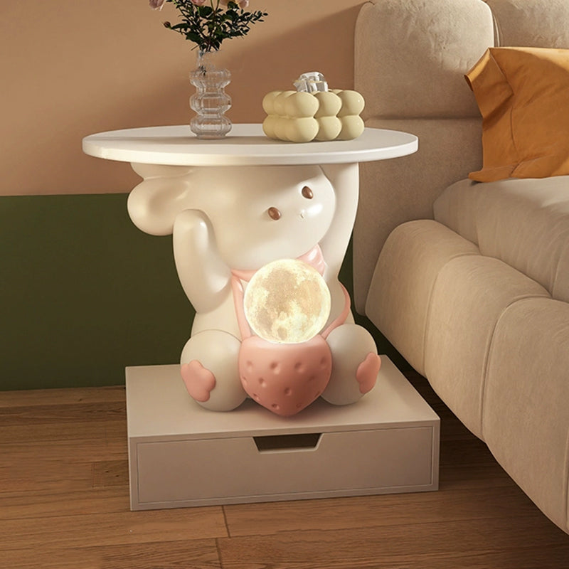 Modern Art Deco Kids Rabbit Round Plate Rectangular Drawer Resin Wood Enamel End Table 1-Drawer With LED Light For Bedroom