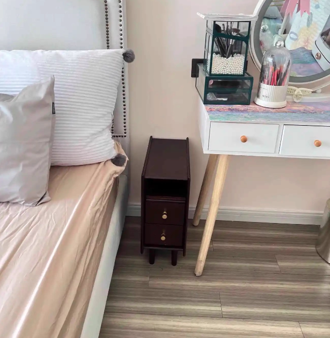 Contemporary Simplicity Rectangular Solid Wood Ultra-Narrow Nightstand Space-Saving Cabinet 2-Drawer For Bedroom