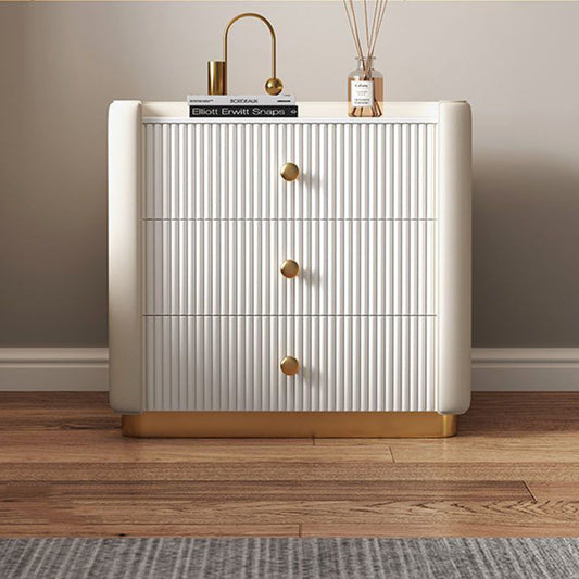 Modern Minimalist Rectangular Round Corner Wood Rock Slab Microfiber Leather Metal Nightstand 3-Drawer For Bedroom
