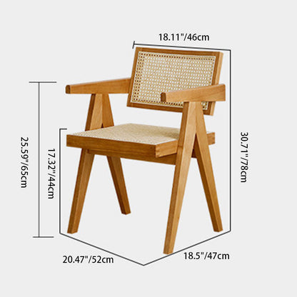 Traditional Japanese Weaving Rattan Wood Square Rectangular V Shape Frame Dining Chair Backrest Armrest For Dining Room