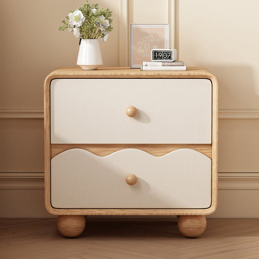 Modern Minimalist Rectangular Cat-Scratch-Resistant Leather Solid Wood Nightstand 2-Drawer For Bedroom