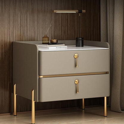 Modern Luxury Rectangular Solid Wood Rock Slab Microfiber Leather Nightstand 2-Drawer For Bedroom