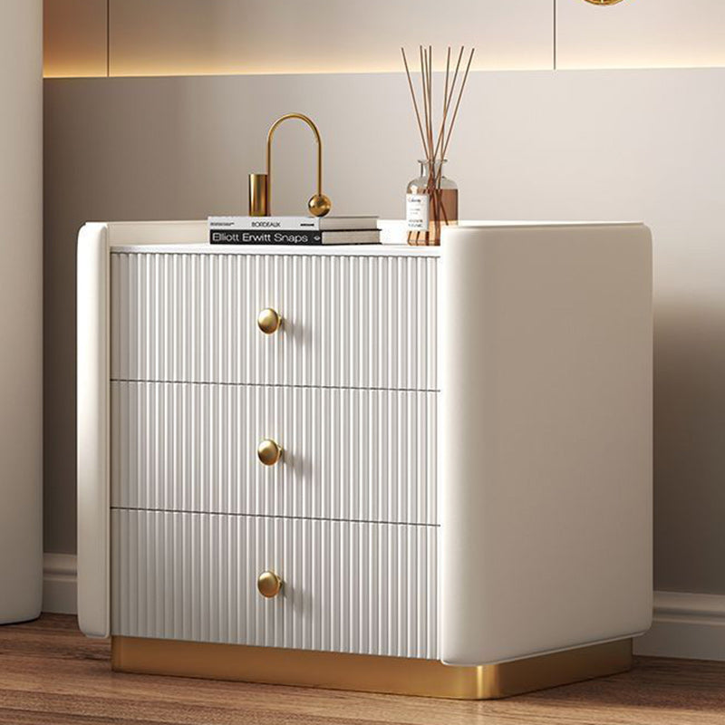 Modern Minimalist Rectangular Round Corner Wood Rock Slab Microfiber Leather Metal Nightstand 3-Drawer For Bedroom