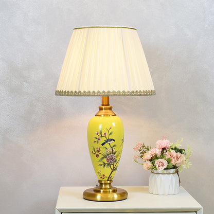 Traditional Chinese Cylindrical Floral And Bird Pattern Metal Ceramic Fabric 1-Light Table Lamp For Bedroom