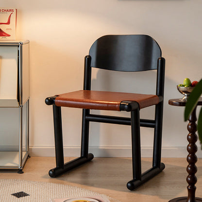 Traditional Vintage Square Oval Oiled Wax Leather Wood Dining Chair Backrest Armless For Dining Room