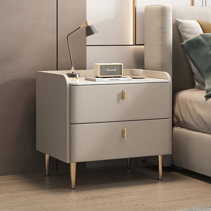 Modern Minimalist Square Microfiber Leather Solid Wood Rock Plate Alloy Carbon Steel Nightstand 2-Drawer For Bedroom