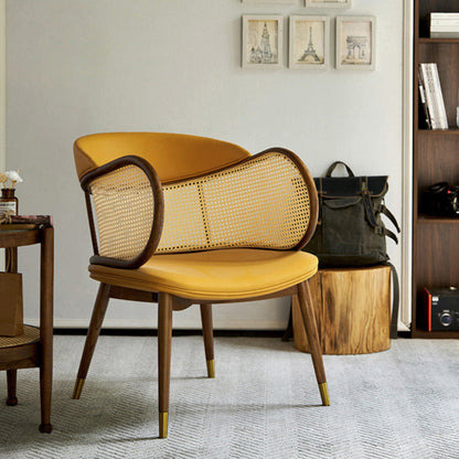 Traditioanal Vintage Weaving Microfiber Leather Ash Wood Rattan Sponge Square Hug Dining Chair Backrest Armrest For Dining Room