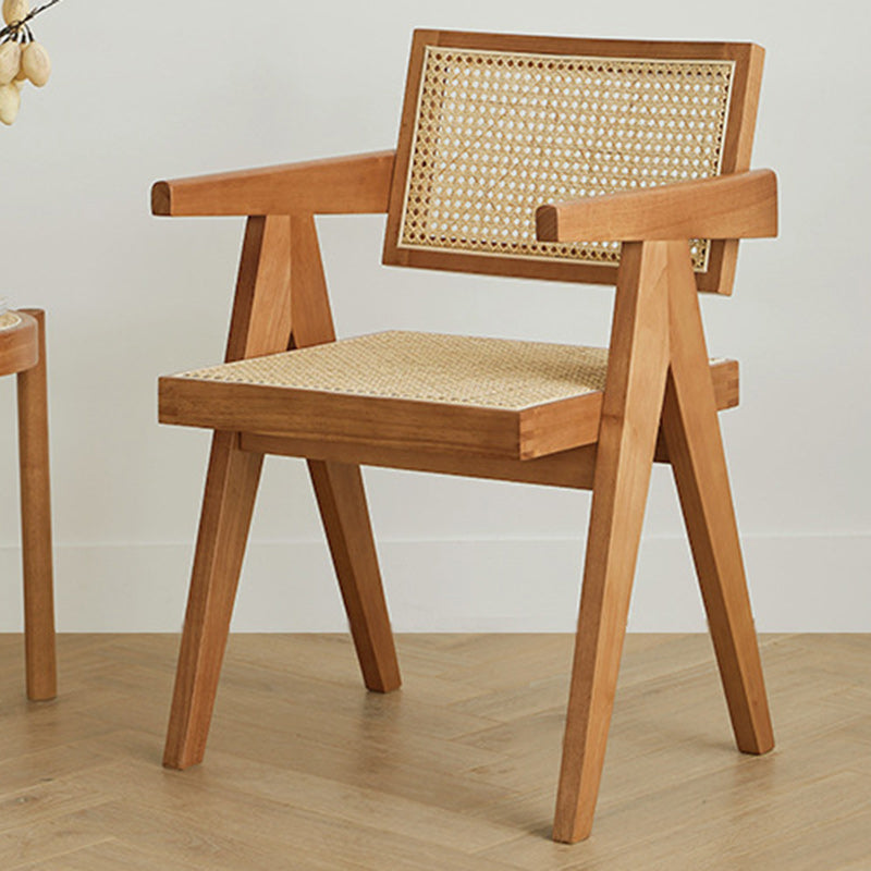 Traditional Japanese Weaving Rattan Wood Square Rectangular V Shape Frame Dining Chair Backrest Armrest For Dining Room