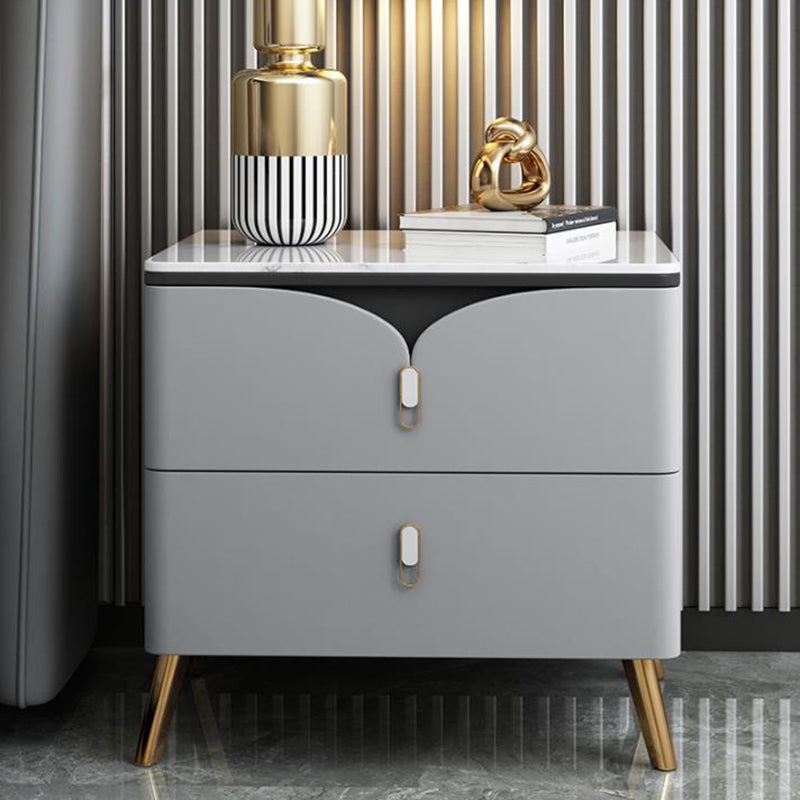 Contemporary Nordic Rectangular Stone Slab Wood Microfiber Leather Carbon Steel Nightstand 2-Drawer For Bedroom