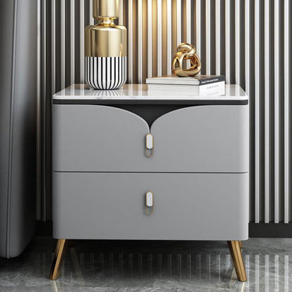 Contemporary Nordic Rectangular Stone Slab Wood Microfiber Leather Carbon Steel Nightstand 2-Drawer For Bedroom