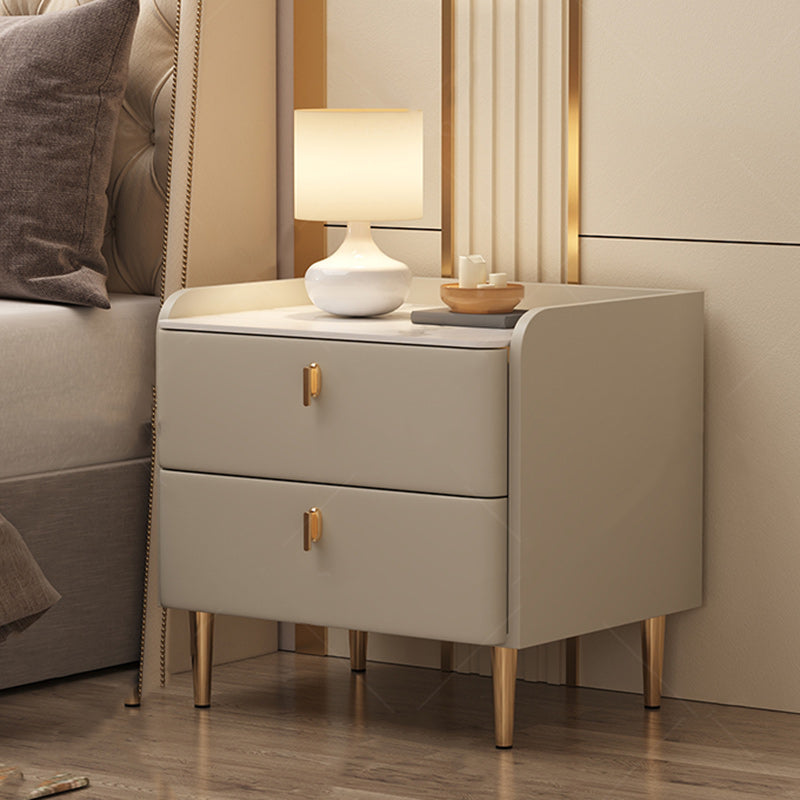 Modern Minimalist Square Microfiber Leather Solid Wood Rock Plate Alloy Carbon Steel Nightstand 2-Drawer For Bedroom