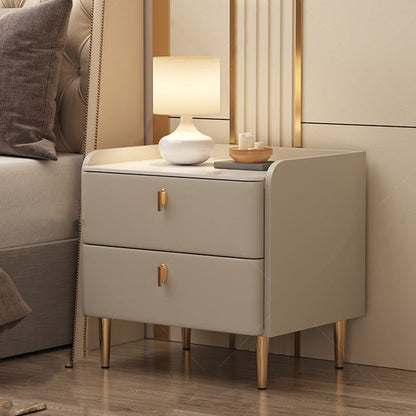 Modern Minimalist Square Microfiber Leather Solid Wood Rock Plate Alloy Carbon Steel Nightstand 2-Drawer For Bedroom