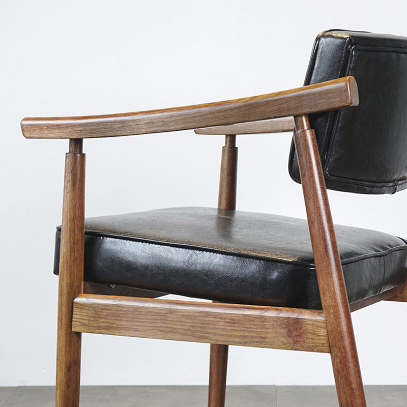 Contemporary Nordic Rectangular PU Leather Oak Dining Chair Backrest Arm For Dining Room