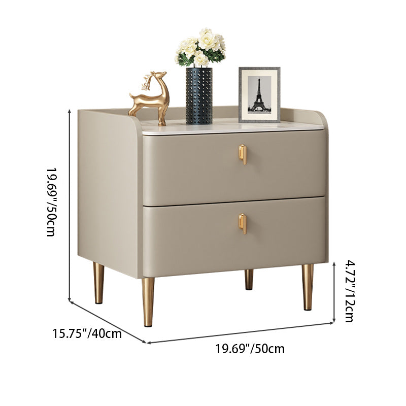 Modern Minimalist Square Microfiber Leather Solid Wood Rock Plate Alloy Carbon Steel Nightstand 2-Drawer For Bedroom