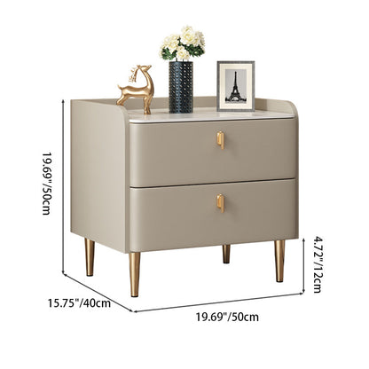 Modern Minimalist Square Microfiber Leather Solid Wood Rock Plate Alloy Carbon Steel Nightstand 2-Drawer For Bedroom